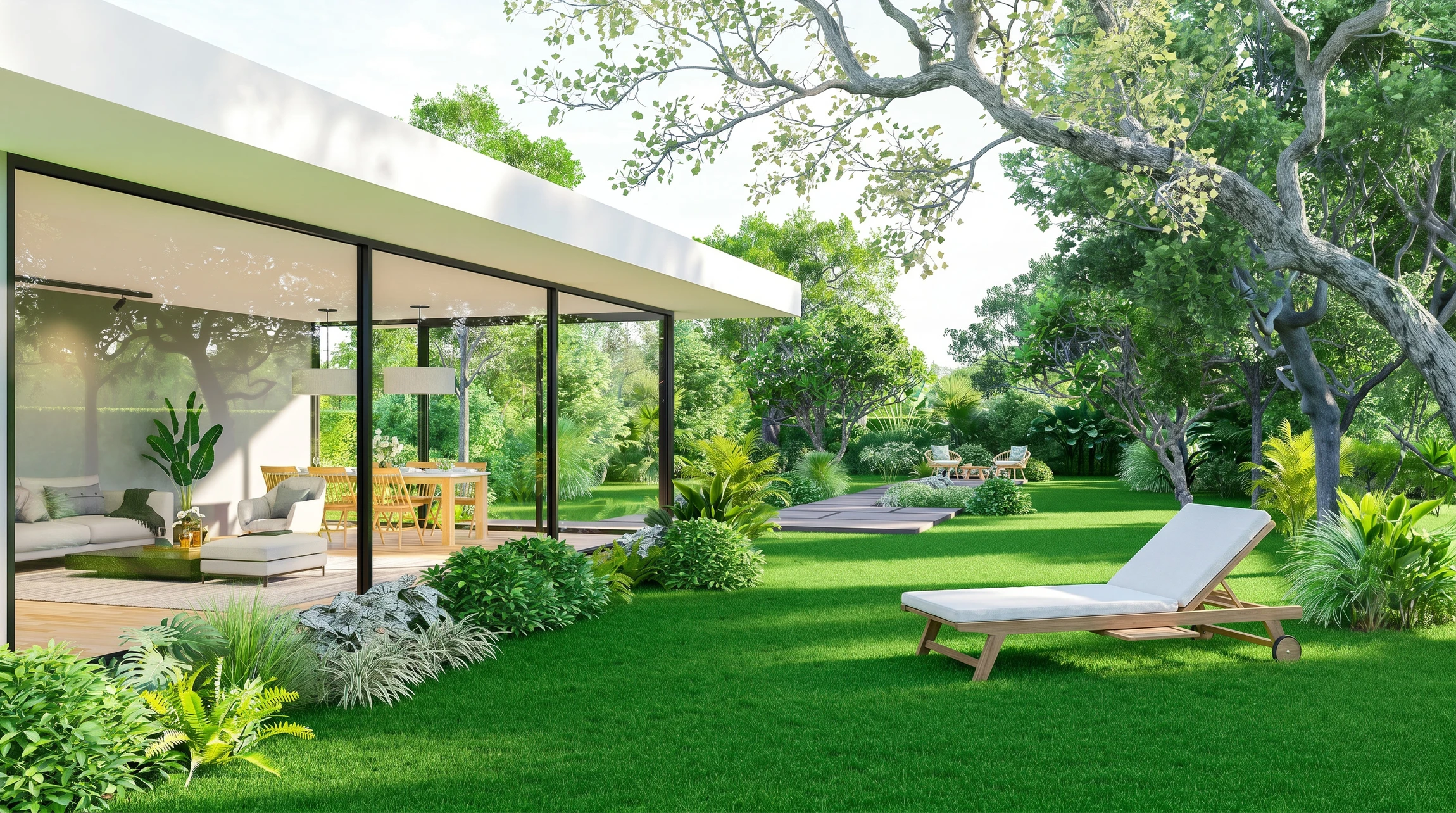 Jardin paysager avec pelouse entretenue, massifs de rhododendrons roses en fleurs, arbustes vari&eacute;s et arbres matures