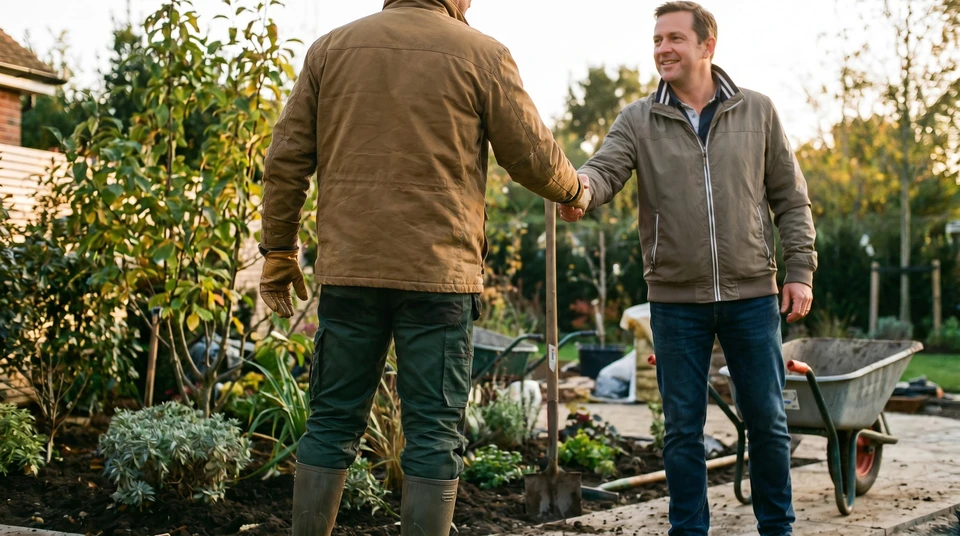 Un paysagiste en gilet ou tenue de travail consultant avec un client dans un jardin ou sur un chantier, tous deux observant ensemble l'espace &agrave; am&eacute;nager ou discutant des travaux en cours. La sc&egrave;ne doit montrer clairement une interaction professionnelle, une proximit&eacute; humaine et un engagement direct, dans un contexte ext&eacute;rieur de jardin ou d'am&eacute;nagement paysager. Photographie r&eacute;aliste de qualit&eacute; professionnelle.